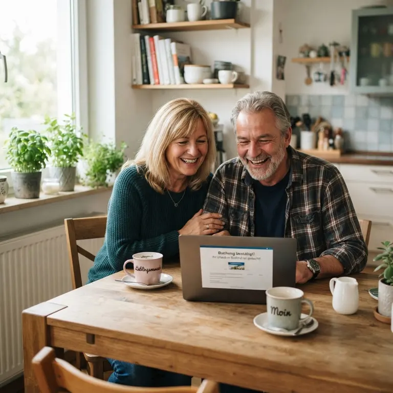 Entspanntes Paar prüft zu Hause am Laptop den Wohngeldanspruch