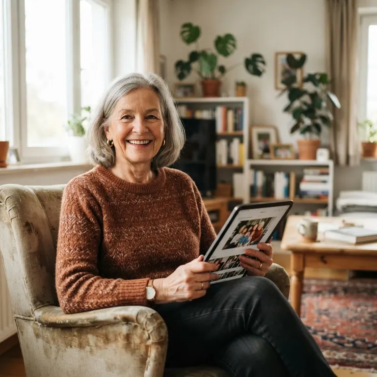 Zufriedene Seniorin beantragt entspannt zu Hause ihr Wohngeld
